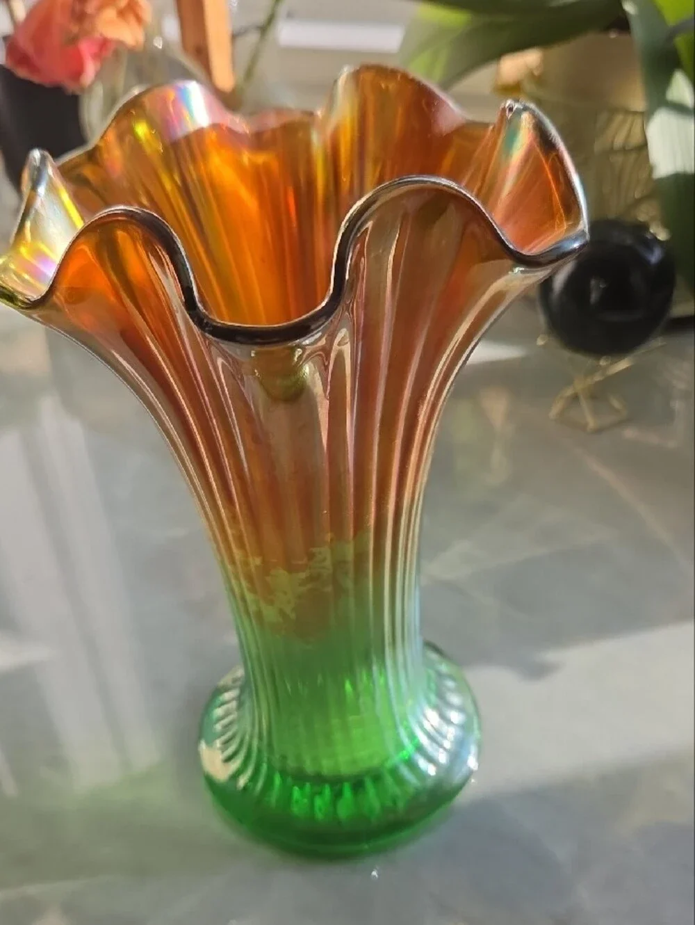 Northwood Green and Orange Glass Vase